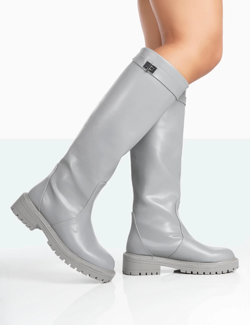 More Fun Grey PU Round Toe Chunky Sole Knee High Boots 2 More Fun Grey PU Round Toe Chunky Sole Knee High Boots - Image 2
