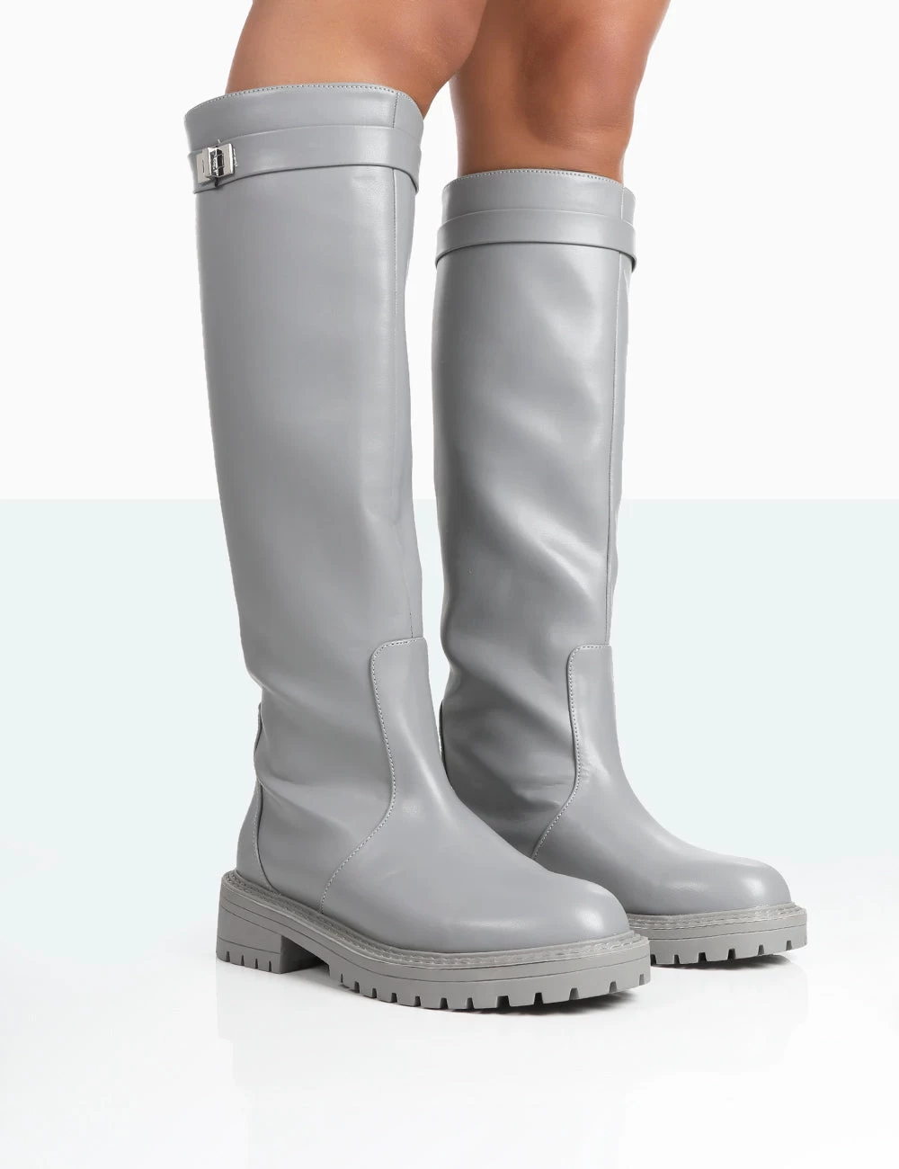 More Fun Grey PU Round Toe Chunky Sole Knee High Boots 1 More Fun Grey PU Round Toe Chunky Sole Knee High Boots