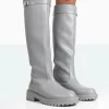 More Fun Wide Fit Grey Pu Round Toe Chunky Sole Knee High Boots