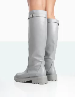 More Fun Grey PU Round Toe Chunky Sole Knee High Boots 6 More Fun Grey PU Round Toe Chunky Sole Knee High Boots -Chic Step Shop 771A1739