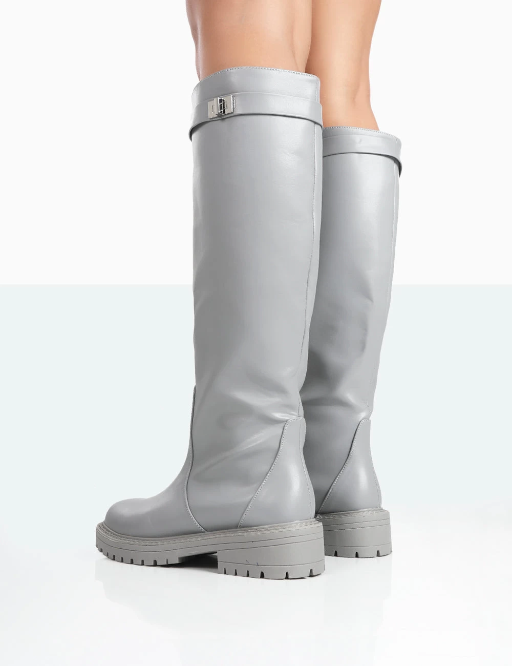 More Fun Grey PU Round Toe Chunky Sole Knee High Boots 3 More Fun Grey PU Round Toe Chunky Sole Knee High Boots - Image 3