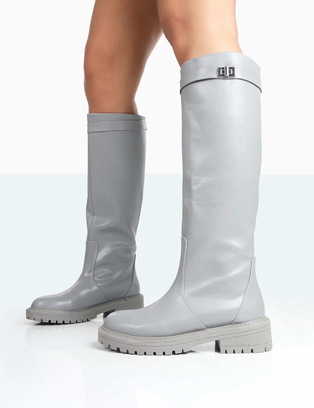 More Fun Grey PU Round Toe Chunky Sole Knee High Boots 4 More Fun Grey PU Round Toe Chunky Sole Knee High Boots - Image 4