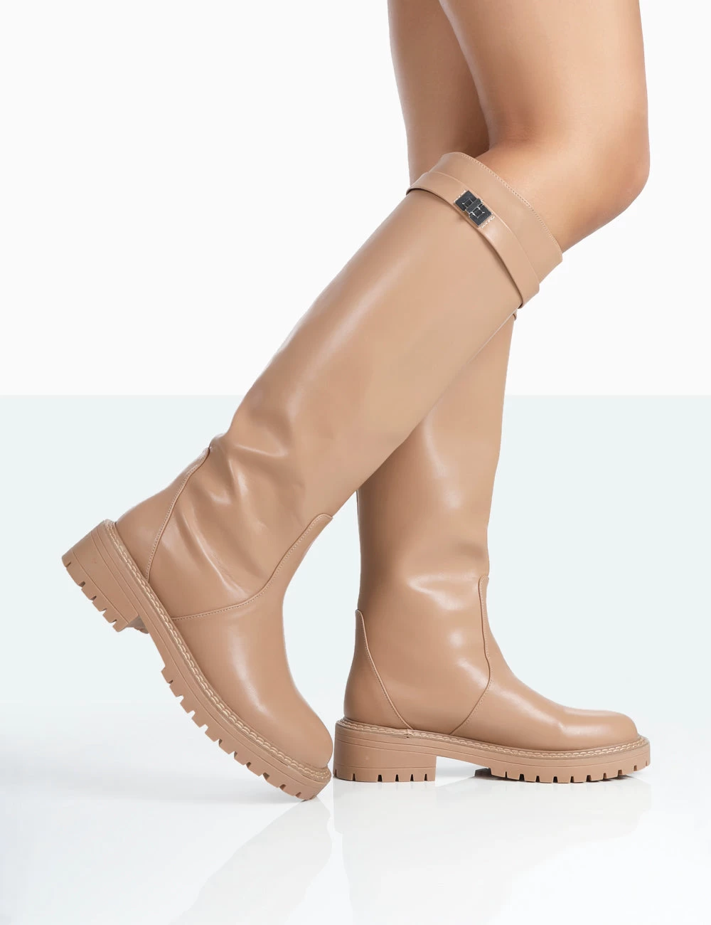 More Fun Caramel PU Round Toe Chunky Sole Knee High Boots 2 More Fun Caramel PU Round Toe Chunky Sole Knee High Boots - Image 2