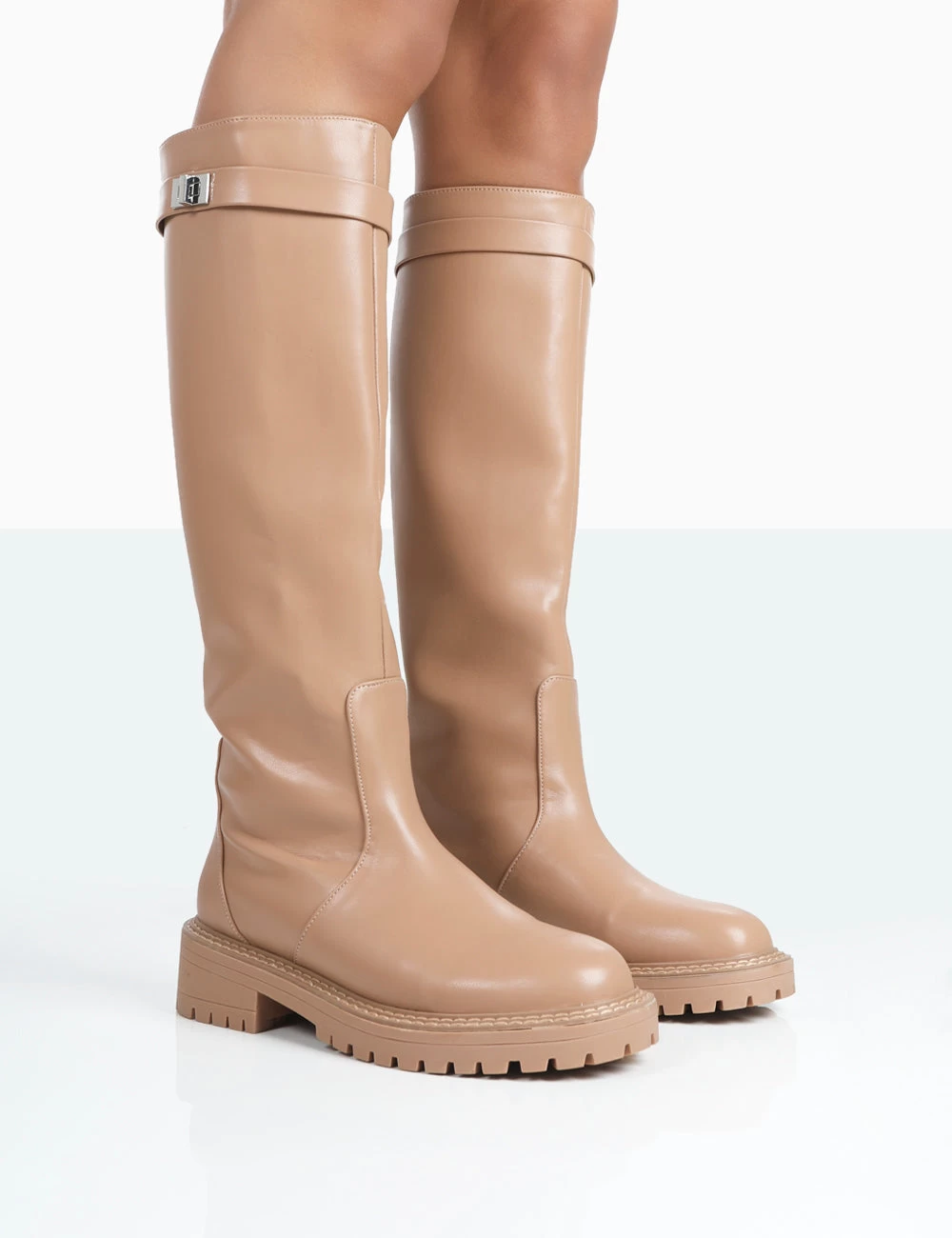More Fun Caramel PU Round Toe Chunky Sole Knee High Boots 1 More Fun Caramel PU Round Toe Chunky Sole Knee High Boots