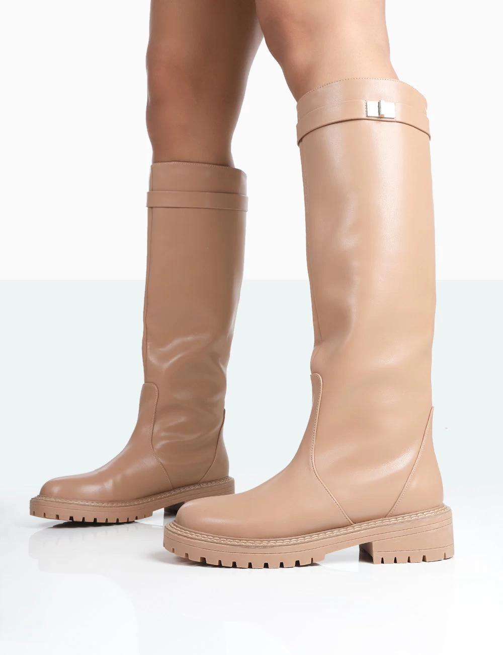 More Fun Caramel PU Round Toe Chunky Sole Knee High Boots 4 More Fun Caramel PU Round Toe Chunky Sole Knee High Boots - Image 4