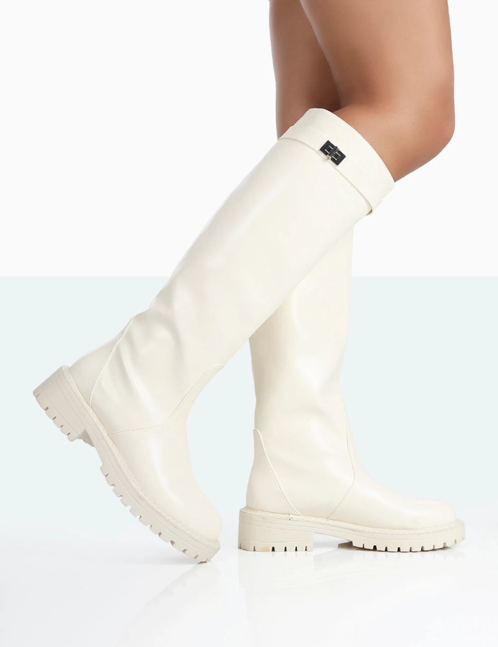 More Fun Ecru PU Round Toe Chunky Sole Knee High Boots 2 More Fun Ecru PU Round Toe Chunky Sole Knee High Boots - Image 2