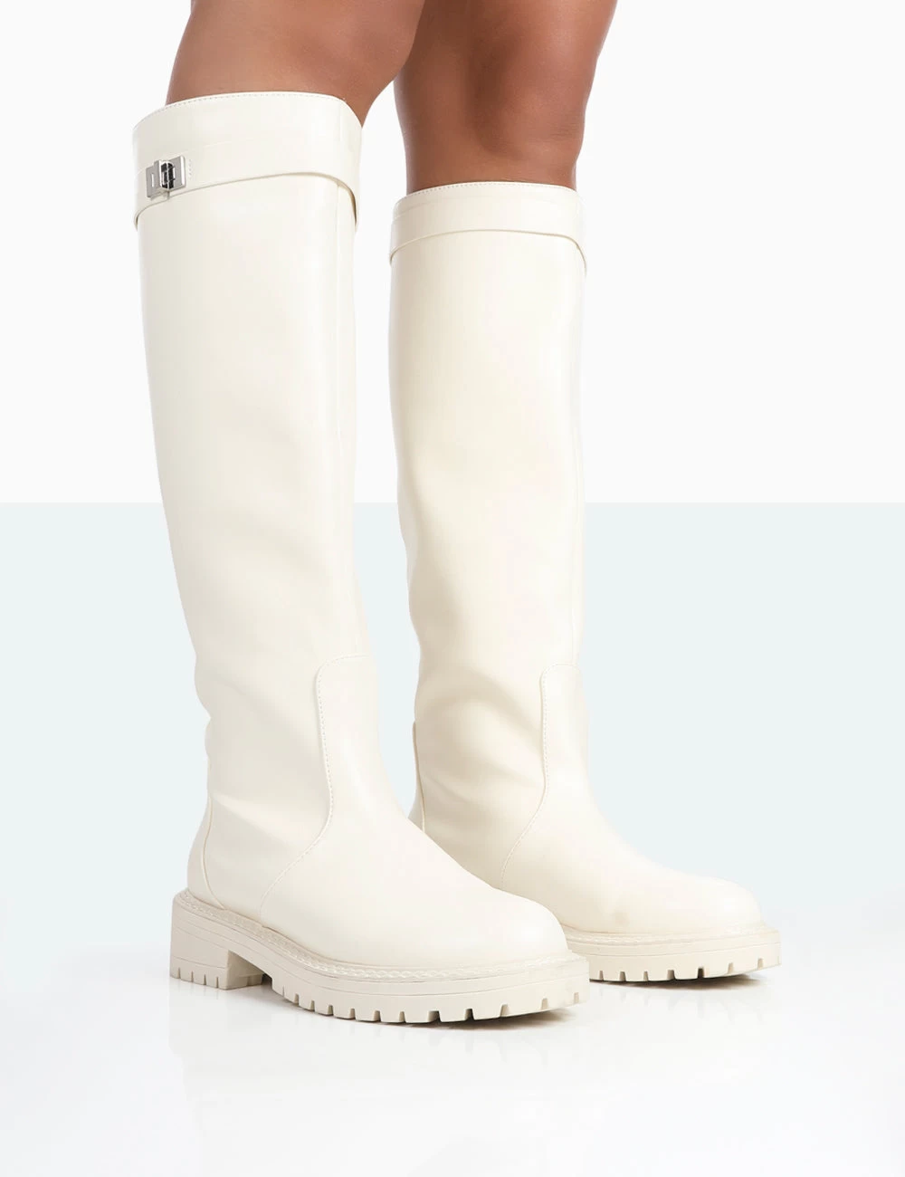 More Fun Ecru PU Round Toe Chunky Sole Knee High Boots 1 More Fun Ecru PU Round Toe Chunky Sole Knee High Boots