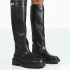 More Fun Black Pu Round Toe Chunky Sole Knee High Boots