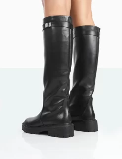 More Fun Black Pu Round Toe Chunky Sole Knee High Boots -Chic Step Shop 771A1752