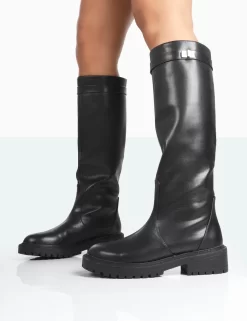 More Fun Black Pu Round Toe Chunky Sole Knee High Boots -Chic Step Shop 771A1753
