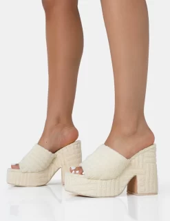 Wavez Ecru Terry Towelling Round Toe Platform Block Heel Mules -Chic Step Shop 771A1791copy scaled