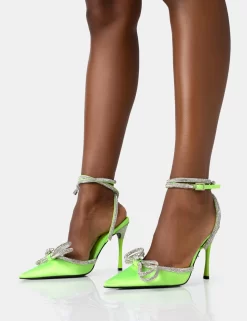 Midnight Neon Lime Satin Wrap Around Bow Pointed Toe Court Heels -Chic Step Shop 771A2034 scaled