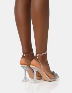 Vibez Nude Patent Diamante Flower Broach Strappy Perspex Cake Stand Pointed Toe Heels -Chic Step Shop 771A2037 scaled