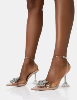Vibez Nude Patent Diamante Flower Broach Strappy Perspex Cake Stand Pointed Toe Heels -Chic Step Shop 771A2038 scaled