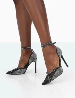 Glitch Black Diamante Mesh Pointed Toe Court Stiletto High Heel -Chic Step Shop 771A2095