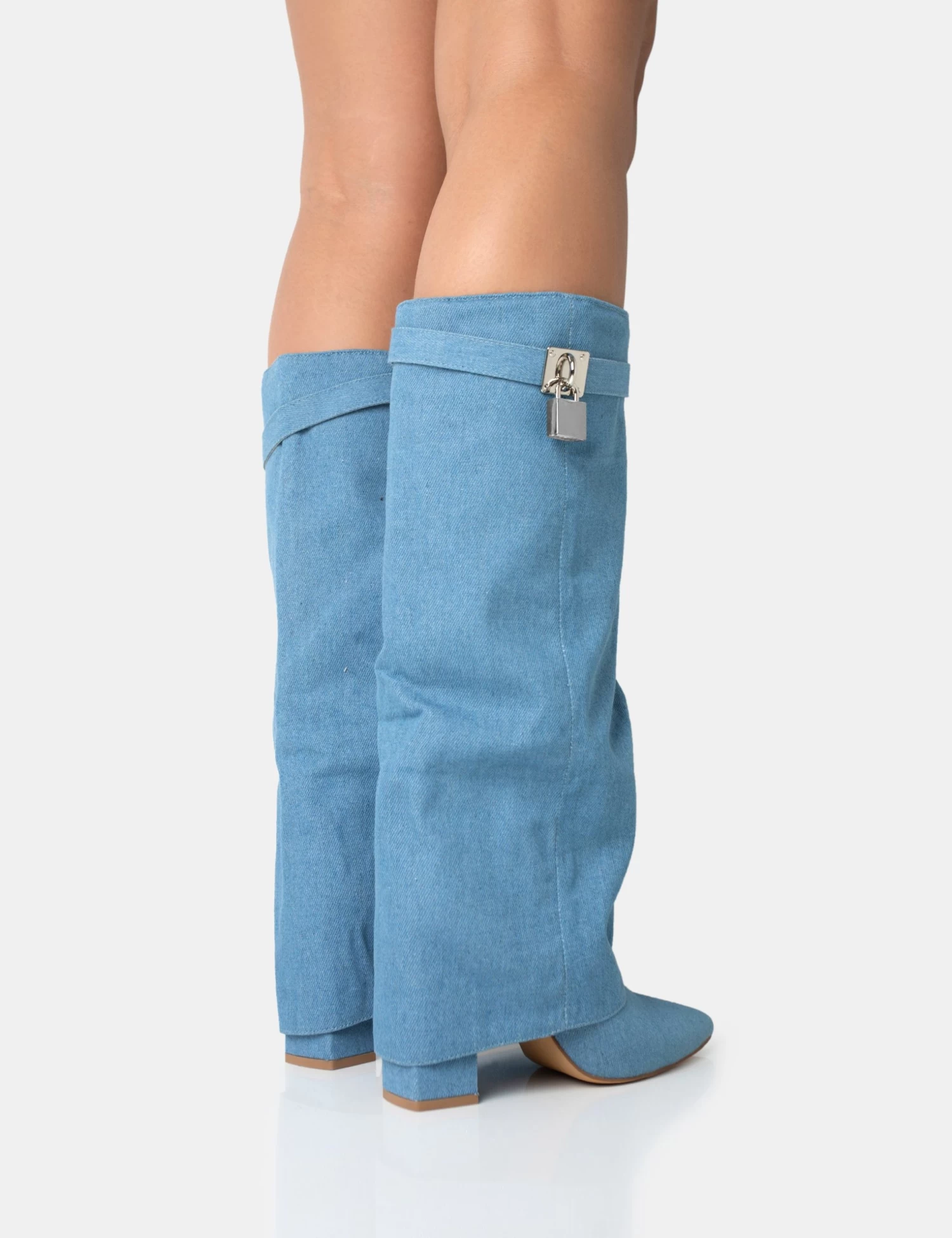 Echo Blue Denim Padlock Detail Fold Over Pointed Toe Knee High Boots 5 Echo Blue Denim Padlock Detail Fold Over Pointed Toe Knee High Boots - Image 5