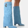 Echo Blue Denim Padlock Detail Fold Over Pointed Toe Knee High Boots
