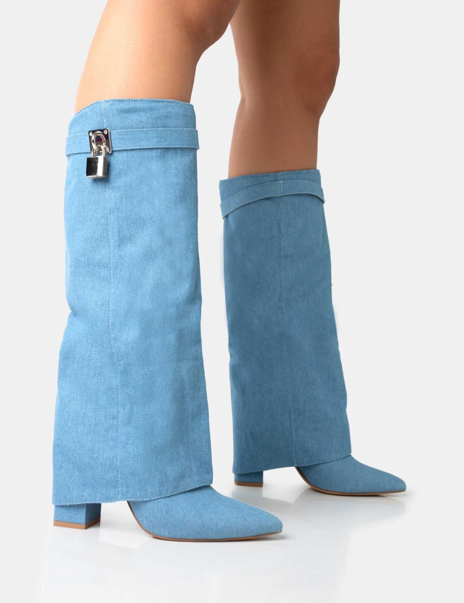 Echo Blue Denim Padlock Detail Fold Over Pointed Toe Knee High Boots 1 Echo Blue Denim Padlock Detail Fold Over Pointed Toe Knee High Boots
