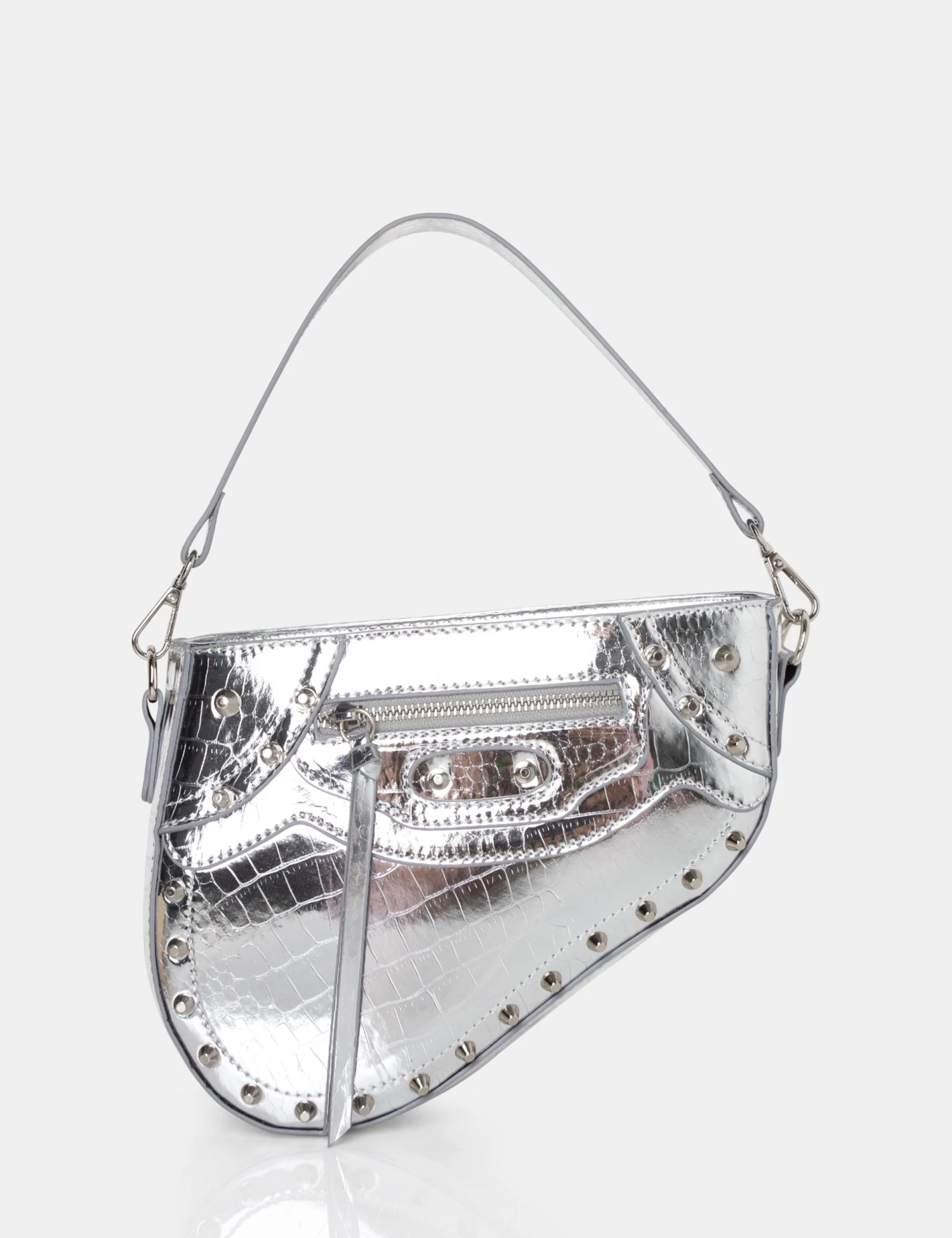 The Fox Metallic Silver Croc Studded Saddle Shoulder Bag 1 The Fox Metallic Silver Croc Studded Saddle Shoulder Bag