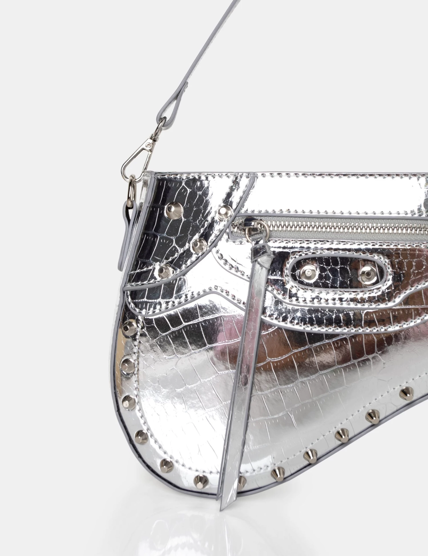 The Fox Metallic Silver Croc Studded Saddle Shoulder Bag 3 The Fox Metallic Silver Croc Studded Saddle Shoulder Bag - Image 3