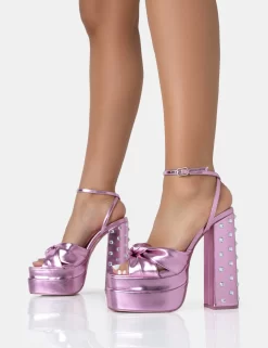 Magnum Pink Metallic PU Knot Strap Platform Diamante Block Heels -Chic Step Shop 771A2516 scaled