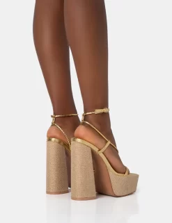 Blissful Gold Asymmetric Strappy Square Toe Raffia Platform Block Heels -Chic Step Shop 771A2652 scaled