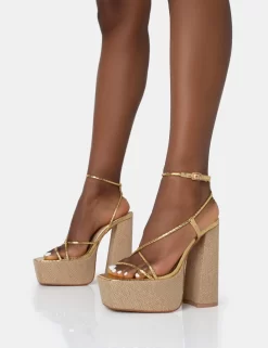 Blissful Gold Asymmetric Strappy Square Toe Raffia Platform Block Heels -Chic Step Shop 771A2653 scaled