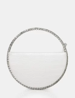 The Alessia White Croc Pu Circle Diamante Grab Bag