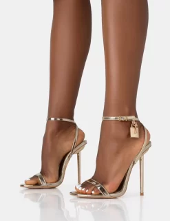 Ti Amo Gold Metallic PU Padlock Detail Barely There Pointed Toe Stilettos Heels -Chic Step Shop 771A2832 scaled