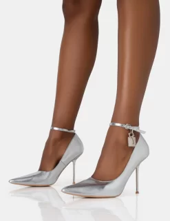 Lotty Metallic Silver Padlock Ankle Detail Pointed Court Stiletto Heels -Chic Step Shop 771A2837 scaled