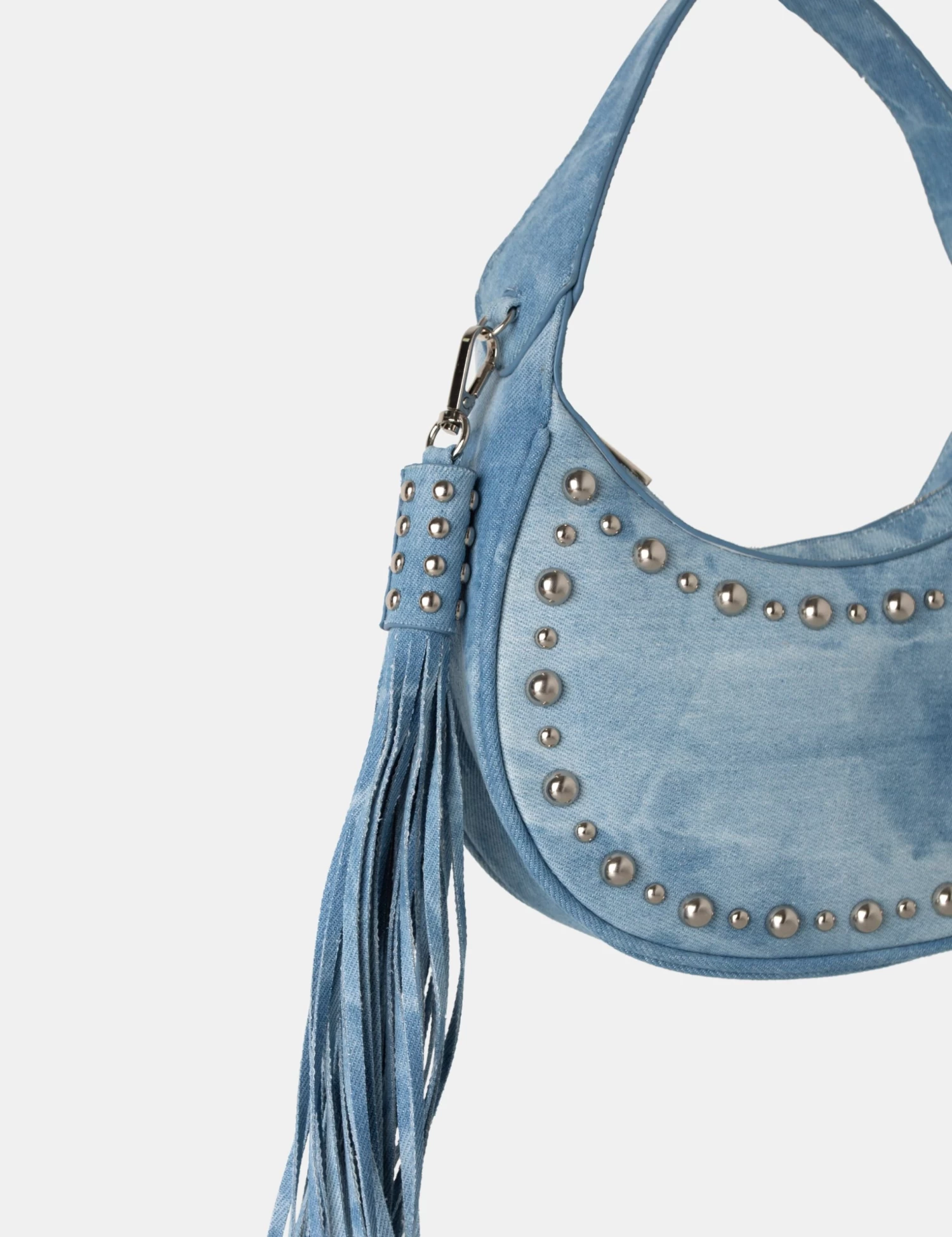 The Cato Washed Blue Denim Bleached Studded Tassel Boho Shoulder Bag 2 The Cato Washed Blue Denim Bleached Studded Tassel Boho Shoulder Bag - Image 2