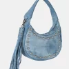 The Cato Washed Blue Denim Bleached Studded Tassel Boho Shoulder Bag