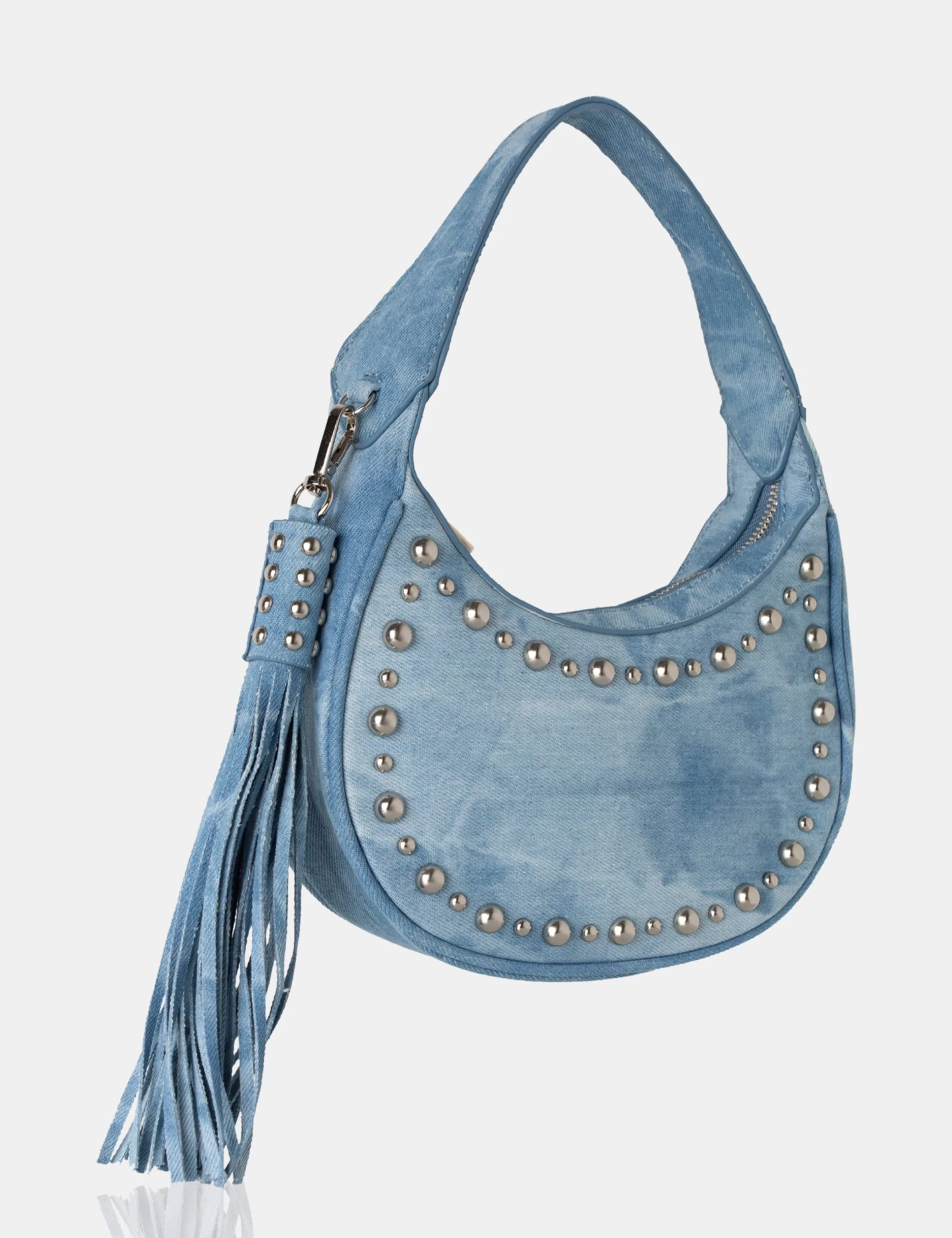 The Cato Washed Blue Denim Bleached Studded Tassel Boho Shoulder Bag 1 The Cato Washed Blue Denim Bleached Studded Tassel Boho Shoulder Bag
