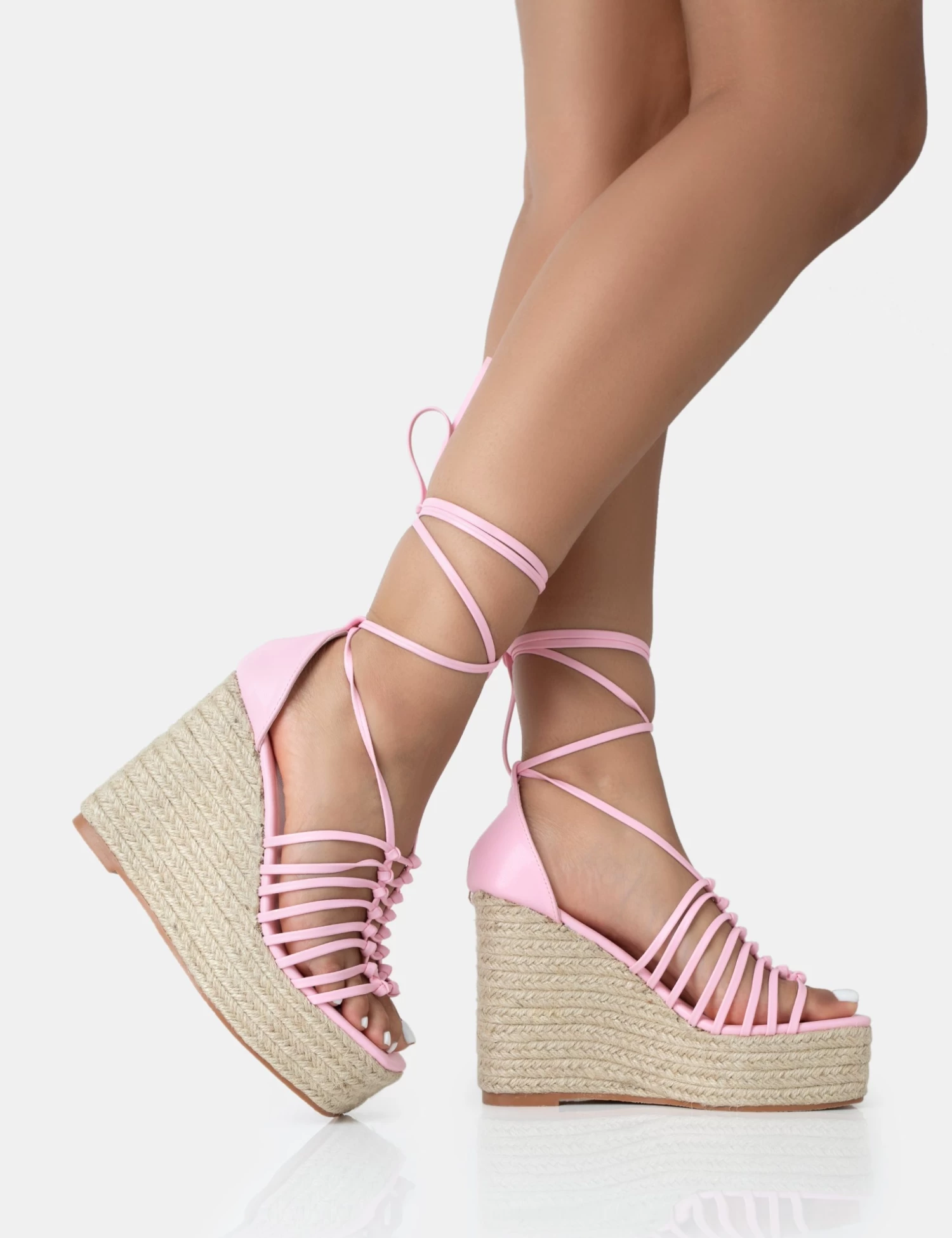 Reece Baby Pink PU Knot Strap Lace Up Raffia Wedge Heels 2 Reece Baby Pink PU Knot Strap Lace Up Raffia Wedge Heels - Image 2