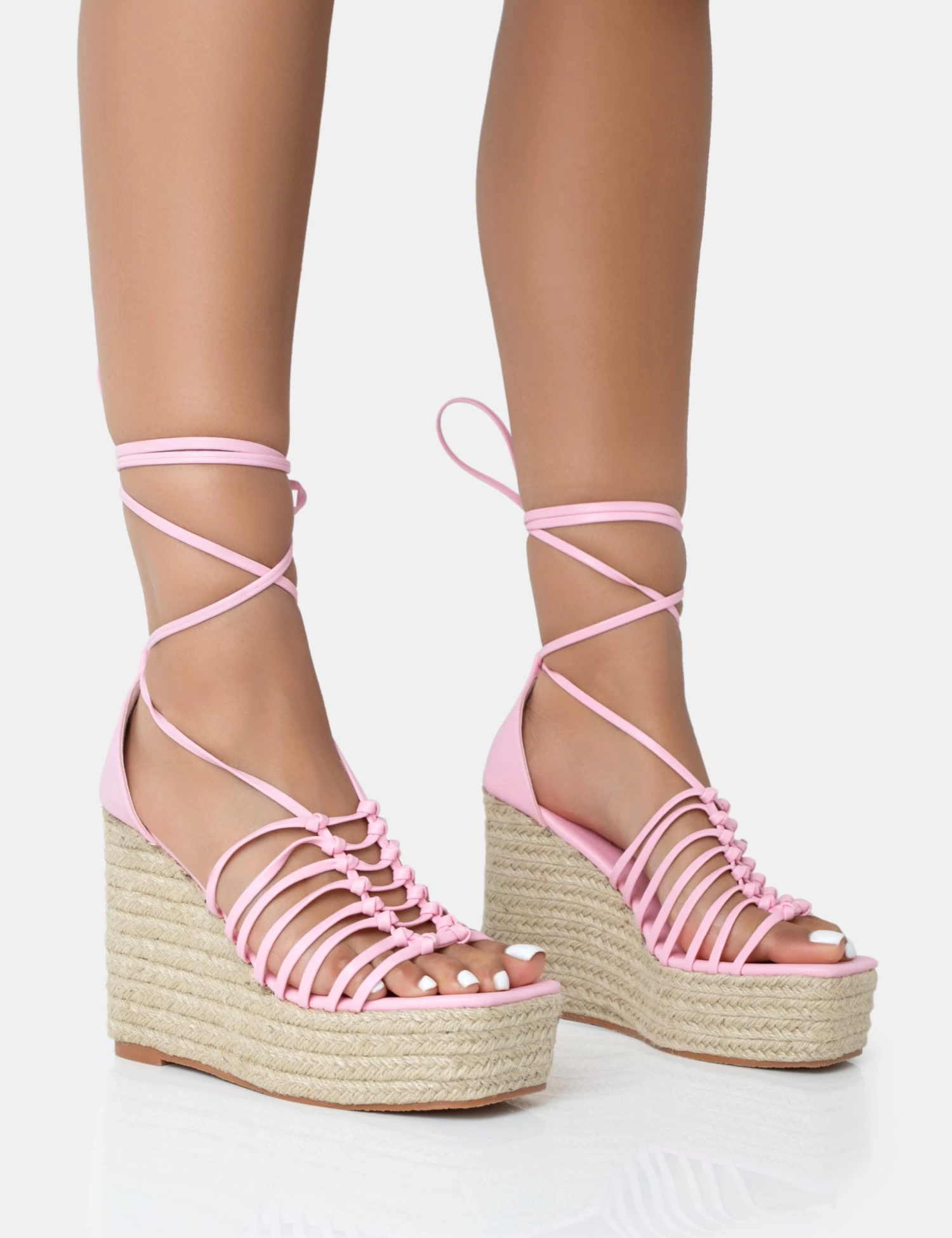 Reece Baby Pink PU Knot Strap Lace Up Raffia Wedge Heels 1 Reece Baby Pink PU Knot Strap Lace Up Raffia Wedge Heels