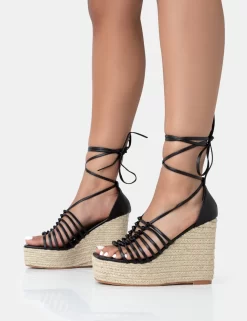 Reece Black PU Knot Strap Lace Up Raffia Wedge Heels -Chic Step Shop 771A3446 scaled