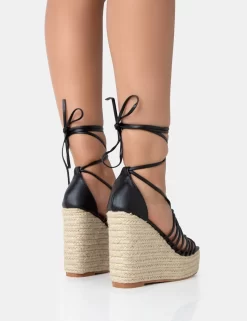 Reece Black PU Knot Strap Lace Up Raffia Wedge Heels -Chic Step Shop 771A3448 scaled