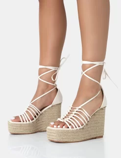Reece Wide Fit Ecru Pu Knot Strap Lace Up Raffia Wedge Heels -Chic Step Shop 771A3450 scaled