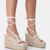 Reece Wide Fit Ecru Pu Knot Strap Lace Up Raffia Wedge Heels