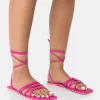 Kelly Hot Pink PU Lace Up Flat Square Toe Sandals