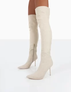 Tianna Natural Linen Pointed Toe Over The Knee Stiletto Boots -Chic Step Shop 771A3472
