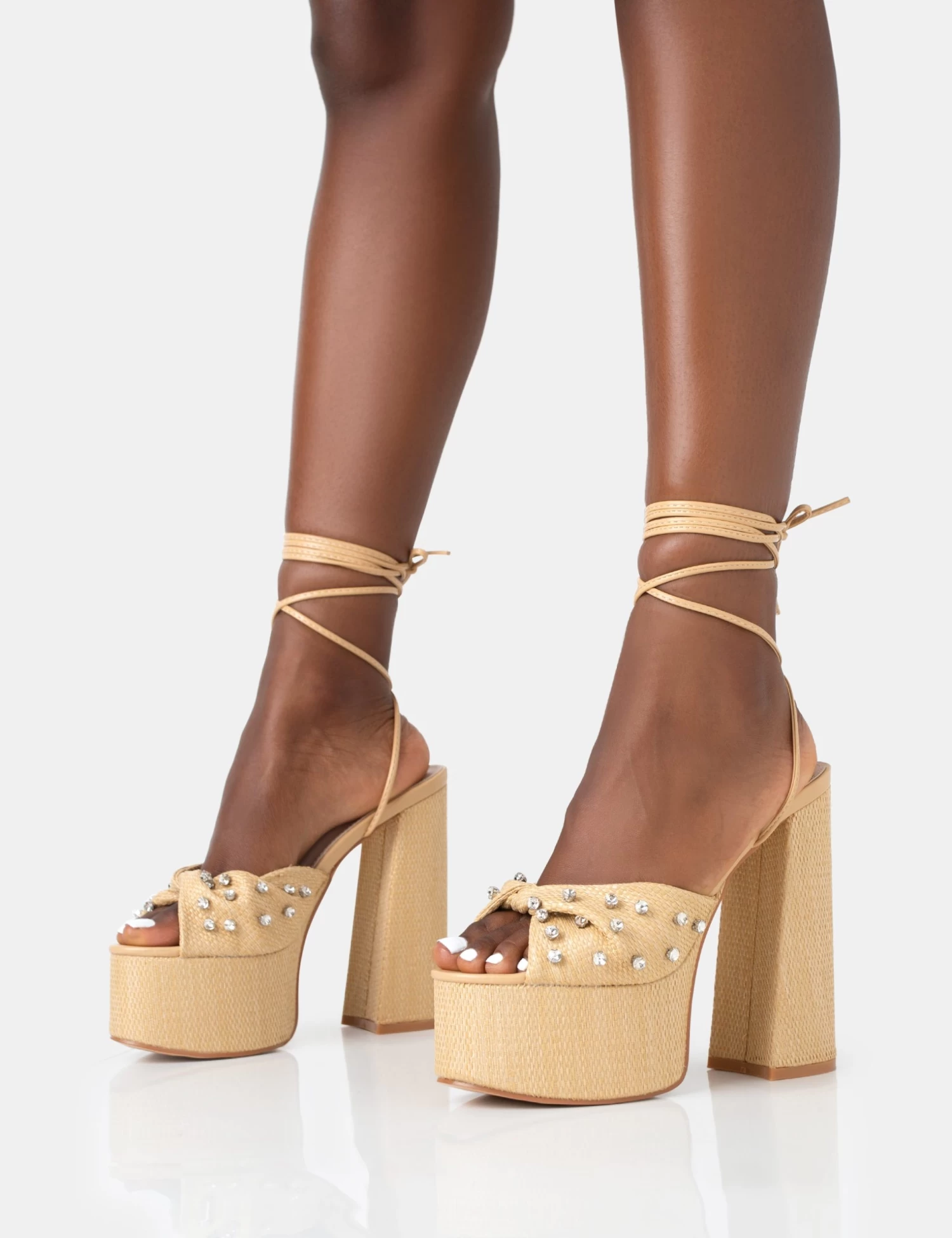 Crete Raffia Diamante Twist Strap Lace Up Platform Block Heels 3 Crete Raffia Diamante Twist Strap Lace Up Platform Block Heels - Image 3