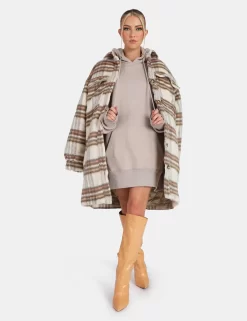 Longline Soft Touch Check Shacket Ecru -Chic Step Shop 771A37001