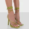 Lacey Wide Fit Green Patent Square Toe Strappy Lace Up Stiletto Heels