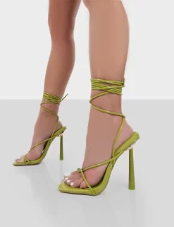 Lacey Wide Fit Green Patent Square Toe Strappy Lace Up Stiletto Heels -Chic Step Shop 771A38941