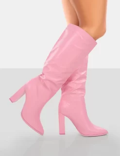 Far Away Pink Grain PU Square Toe Knee High Block Boots -Chic Step Shop 771A4421