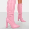 Far Away Pink Grain PU Square Toe Knee High Block Boots
