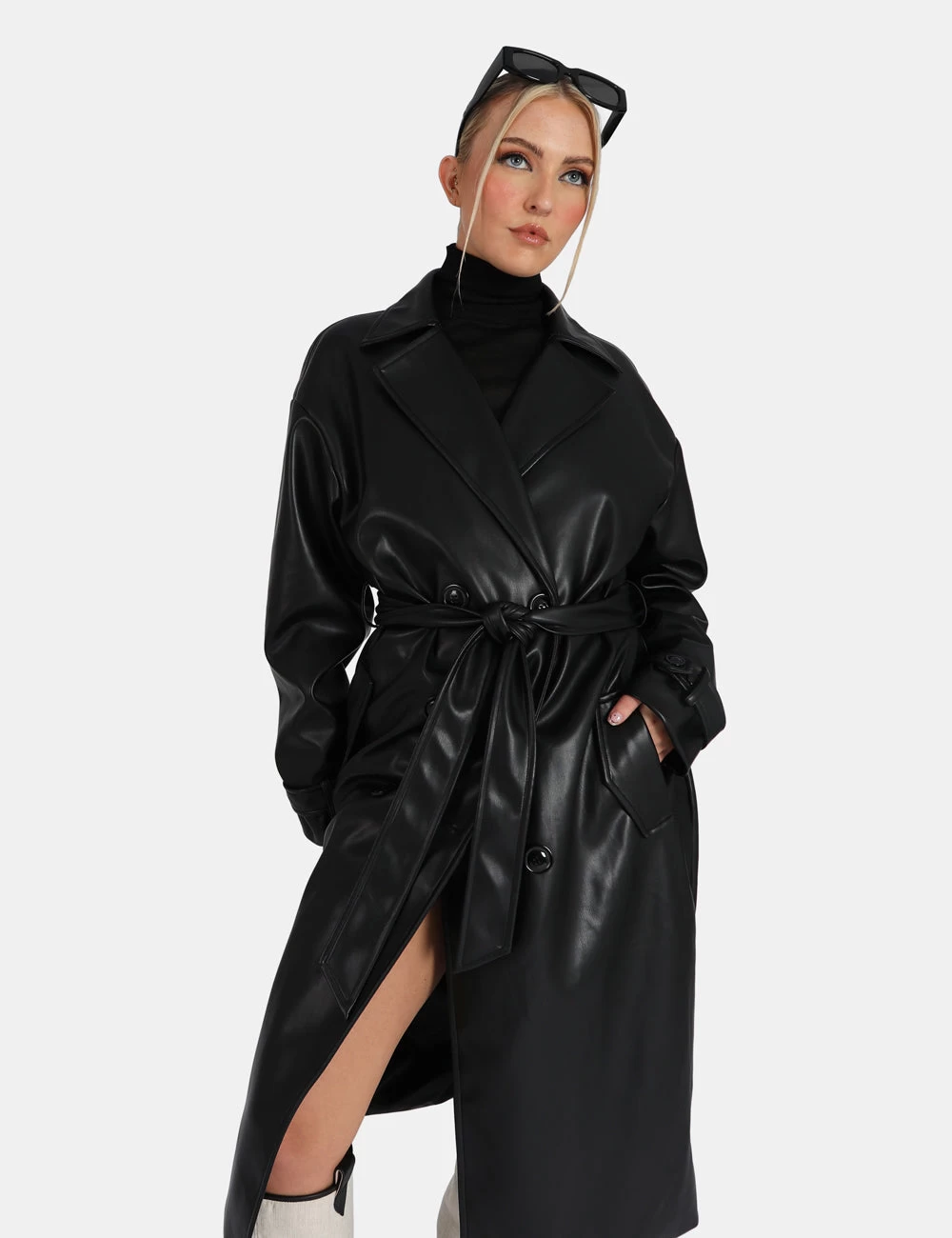 Longline Pu Belted Black Trench 3 Longline Pu Belted Black Trench - Image 3