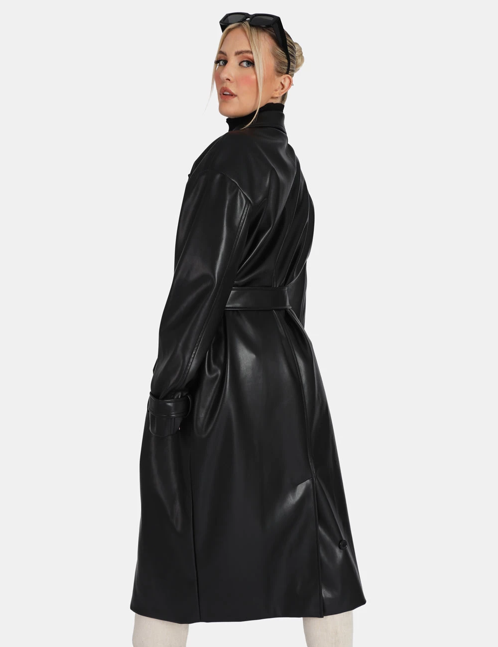Longline Pu Belted Black Trench 2 Longline Pu Belted Black Trench - Image 2