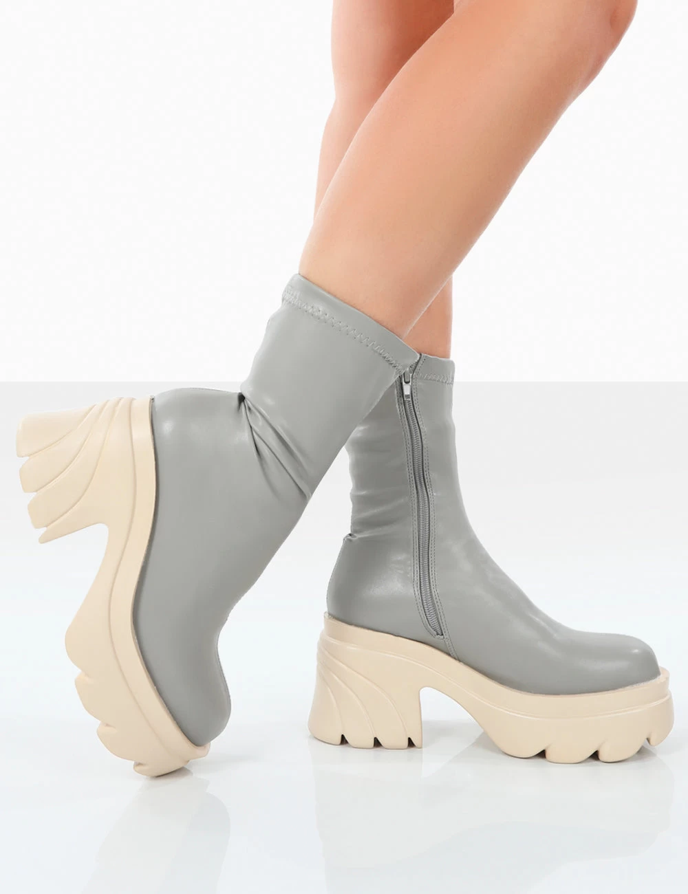 Jennie Grey Pu Platform Chunky Sole Heeled Ankle Boots 4 Jennie Grey Pu Platform Chunky Sole Heeled Ankle Boots - Image 4